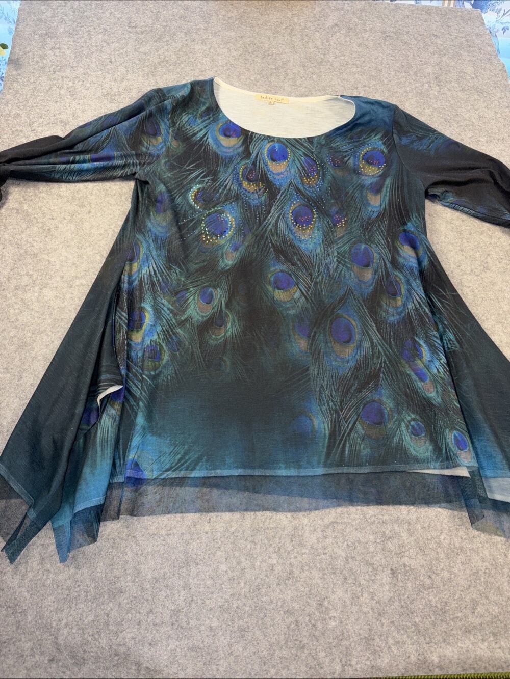 indigo soul Wearable Art Peacock ‘s Feather With Rhinestone Top Size M